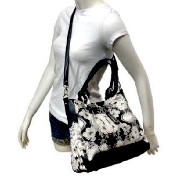 STUNNING! Sharif Black and White Safiano Leather Bag with Multicolor Floral Guts - Picture 11 of 11
